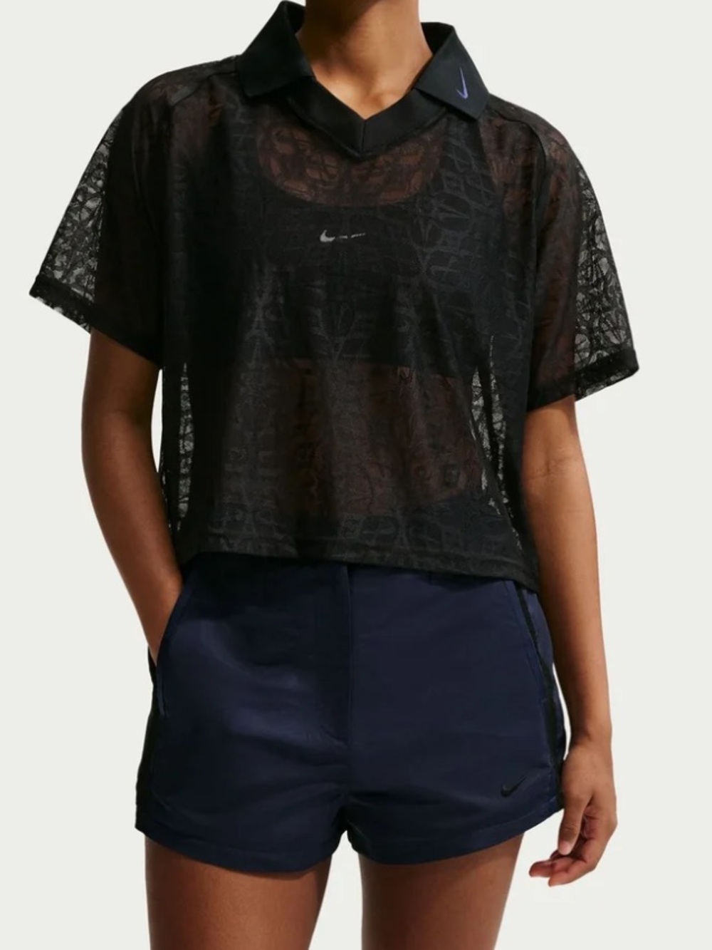 Nike Black Sheer Cropped Polo Top with Navy Accents